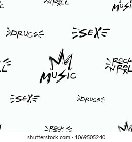 Rock and roll seamless pattern with sex, drugs and rock'n'roll text signs. Vector hard rock doodle illustration. Cartoon rock star backdrop for music band, concert, party. Isolated on black background
