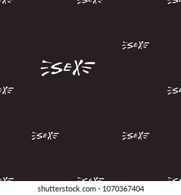 Rock and roll seamless pattern with sex text sign. Vector hard rock doodle illustration. Cartoon rock star iconic backdrop for music band, concert, party. Isolated on black background.