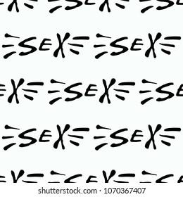 Rock and roll seamless pattern with sex text sign. Vector hard rock doodle illustration. Cartoon rock star iconic backdrop for music band, concert, party. Isolated on black background.