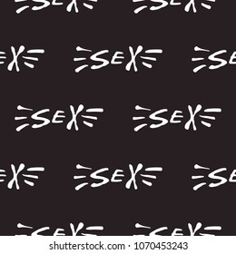 Rock and roll seamless pattern with sex text sign. Vector hard rock doodle illustration. Cartoon rock star iconic backdrop for music band, concert, party. Isolated on black background.
