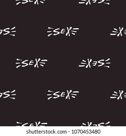 Rock and roll seamless pattern with sex text sign. Vector hard rock doodle illustration. Cartoon rock star iconic backdrop for music band, concert, party. Isolated on black background.
