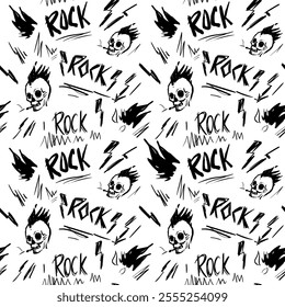 Rock and roll seamless pattern, sign. Punks skull, Black ink sketch, vector illustration 