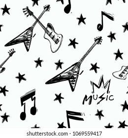 Rock y roll sin fisuras con signos y elementos rocosos. Dibujo de doodle de roca dura vectorial. Estrella de caricaturas de rock como telón de fondo icónico para banda de música, concierto, fiesta. Aislado sobre fondo negro.