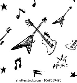 Rock and roll seamless pattern with rock signs and elements. Vector hard rock doodle illustration. Cartoon rock star iconic backdrop for music band, concert, party. Isolated on black background.