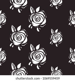 Rock and roll seamless pattern with simple rose. Isolated on black background.
