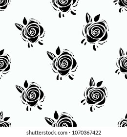 Rock and roll seamless pattern with simple rose. Isolated on black background.