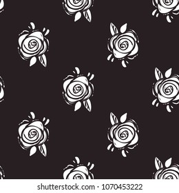 Rock and roll seamless pattern with simple rose. Isolated on black background.