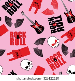 Rock and roll seamless pattern. Symbol of music. Background of guitars and wings. hand sign and skull. Texture to fabric.