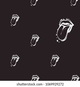 Rock and roll seamless pattern with tongue. Vector hard rock doodle illustration. Cartoon rock star iconic backdrop for music band, concert, party. Isolated on black background.