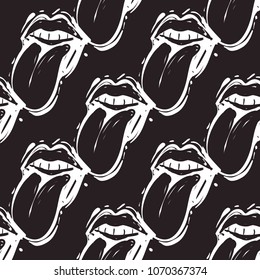 Rock and roll seamless pattern with tongue. Vector hard rock doodle illustration. Cartoon rock star iconic backdrop for music band, concert, party. Isolated on black background.