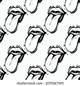 Rock and roll seamless pattern with tongue. Vector hard rock doodle illustration. Cartoon rock star iconic backdrop for music band, concert, party. Isolated on black background.