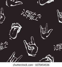 Rock and roll seamless pattern with tongue and rock'n'roll gestures. Vector hard rock doodle illustration. Rock star iconic backdrop for music band, concert, party. Isolated on black background.