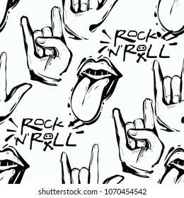 Rock and roll seamless pattern with tongue and rock'n'roll gestures. Vector hard rock doodle illustration. Rock star iconic backdrop for music band, concert, party. Isolated on black background.