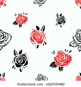 Rock and roll seamless pattern with white and red rose. Vector hard rock doodle illustration. Cartoon rock star iconic backdrop for music band, concert, party. Isolated roses on black background.