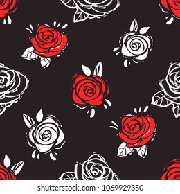 Rock and roll seamless pattern with white and red rose. Vector hard rock doodle illustration. Cartoon rock star iconic backdrop for music band, concert, party. Isolated roses on black background.