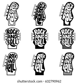 Rock and roll. Set of hand drawn phrase on guitar neck head background. Design element for poster, emblem, sign. Vector illustration