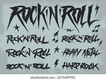 Rock and roll set monochrome lettering with typography for groups heavy metal and hard rock community vector illustration