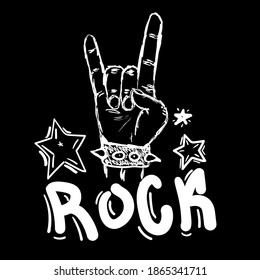 Rock and roll sign drawn by hand. Sketch, scribble. Music print.Vector illustration.