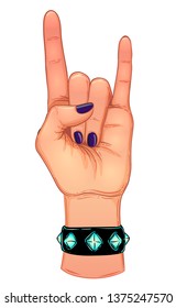 Rock and roll sign. Hand drawn illustration of human hand showing sign of the horns. Gesture of Heavy metal culture.  Raised hand as a rock and roll sign.