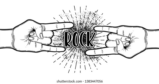 Rock and roll sign. Hand drawn illustration of human hand showing sign of the horns. Gesture of Heavy metal culture.  Coloring book for adults. 