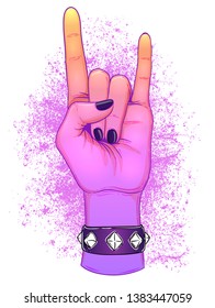 Rock and roll sign. Hand drawn illustration of human hand showing sign of the horns. Gesture of Heavy metal culture.  Raised hand as a rock and roll sign.