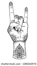 Rock and roll sign. Hand drawn illustration of human hand showing sign of the horns. Gesture of Heavy metal culture.  Coloring book for adults. 