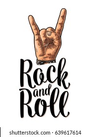 Rock and Roll sign. Hand with metal spiked bracelet giving the devil horns gesture. Vector color vintage engraved illustration with lettering. Isolated on white background. For festival poster