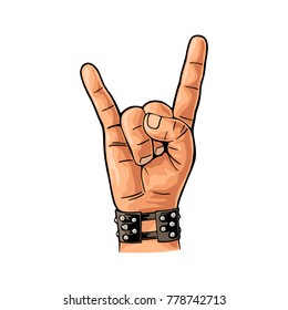 Rock and Roll sign. Hand with metal spiked bracelet giving the devil horns gesture. Vector color vintage engraving illustration. Isolated on white background.