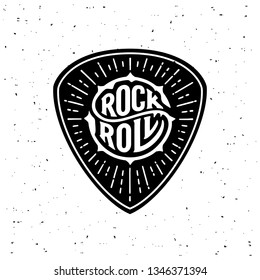 Rock and Roll sign. Slogan graphic for t shirt. Poster with plectrum, starburst. Vector illustration