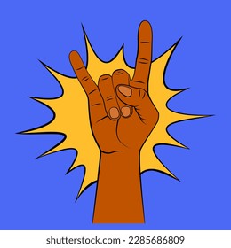 Rock and roll sign of tanned hand. Goat gesture. Vector hand drawn illustration with contour.