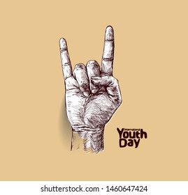Rock and roll sign with text of international youth day. Hand drawn Sketch illustration Design.