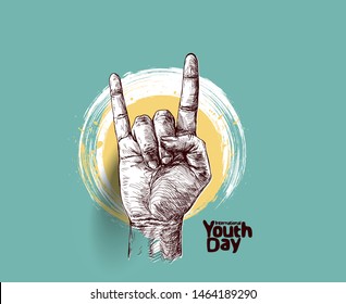 Rock and roll sign with text of international youth day. Hand drawn Sketch illustration Design.