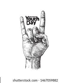 Rock and roll sign with text of international youth day. Hand drawn Sketch illustration Design.