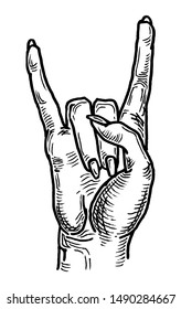 Rock and Roll sign. Vector black engraving vintage illustration. Female hand giving the devil horns gesture for web, poster, t-shirt