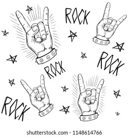 Rock and roll  signs. Seamless pattern with transparent background.