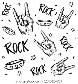 Rock and roll  signs. Seamless pattern with transparent background.