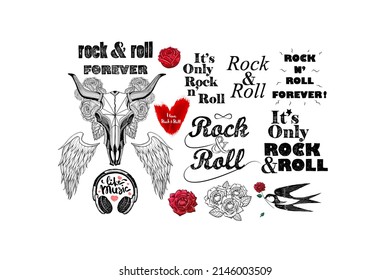 Rock and roll sketch doodles set. Lettering, drawings sketches with a black pen. Bull skull, roses, swallows.