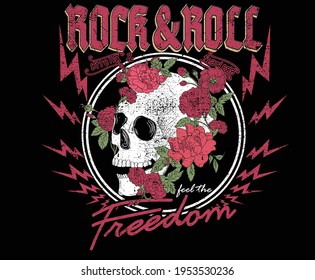 Diseño artístico de vectores de flores de cráneo de roca y rollo. Música de rock retro. diseño vintage de camisetas de rock y rollo. 