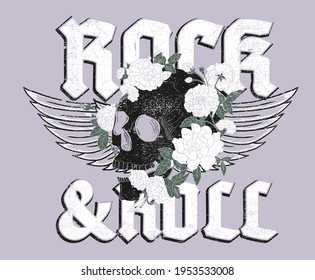 Rock and roll skull with wing vector print design for tee. cool rooking vector design