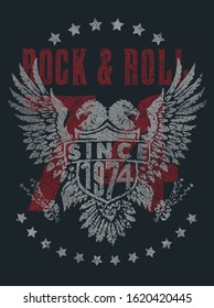 Rock and roll slogan with eagle illustration for t-shirt print and other uses.