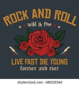 Rock and Roll slogan fashion patch, rose with leaves, fashion patches, badges, live fast die young slogan typography, t-shirt graphics, vectors