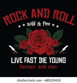 Rock and Roll slogan fashion patch, rose with leaves, fashion patches, badges, live fast die young slogan typography, t-shirt graphics, vectors