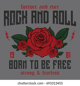 Slogan Rock and Roll, siempre y nunca slogan parche de moda, rosa con hojas, parches de moda, tipografía de insignias, gráficos de camisetas, vectores