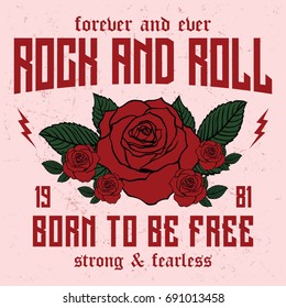 Rock and Roll slogan, forever and ever slogan fashion patch, rose with leaves, fashion patches, badges  typography, t-shirt graphics, vectors