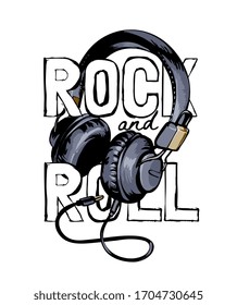 rock and roll slogan with headphone graphic illustration