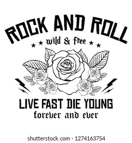 Rock and Roll slogan, live fast die young typography, t-shirt graphics, vectors