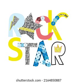 Rock and Roll slogan print with glitter elements. Trendy kids graphic. Vector hand drawn illustration.
