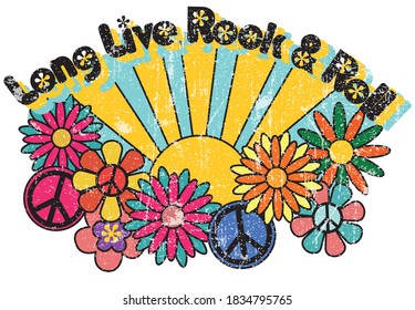 Rock & Roll Slogan Print with Hippie Style Flowers Background - 70's Groovy Themed Hand Drawn Abstract Graphic Tee Vector Sticker