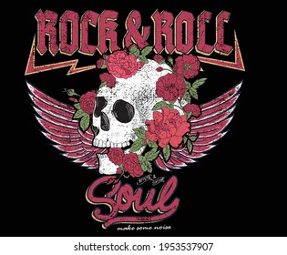 Rock and roll soul skull vector design for t-shirt. Strong rock and roll flower vector design