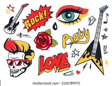 Rock and roll stickers icons set, vector illustration of female eye and special guitar for hard music performance, skull and rose, love and baby labels